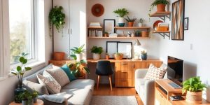 Spațiu mic, funcțional, cu soluții de depozitare inteligente.