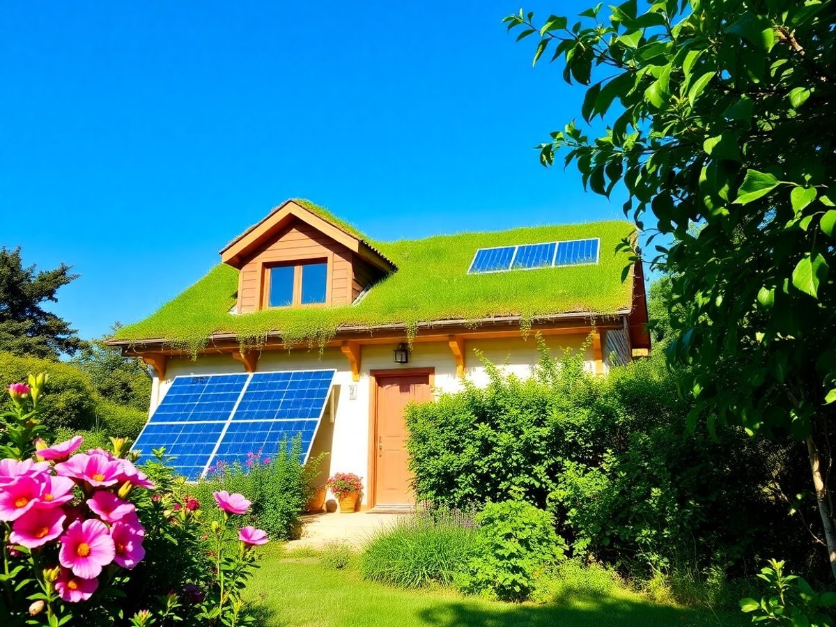 Locuință ecologică înconjurată de verdeață luxuriantă.