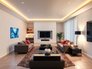 Interior modern al unei locuințe smart cu tehnologie avansată.