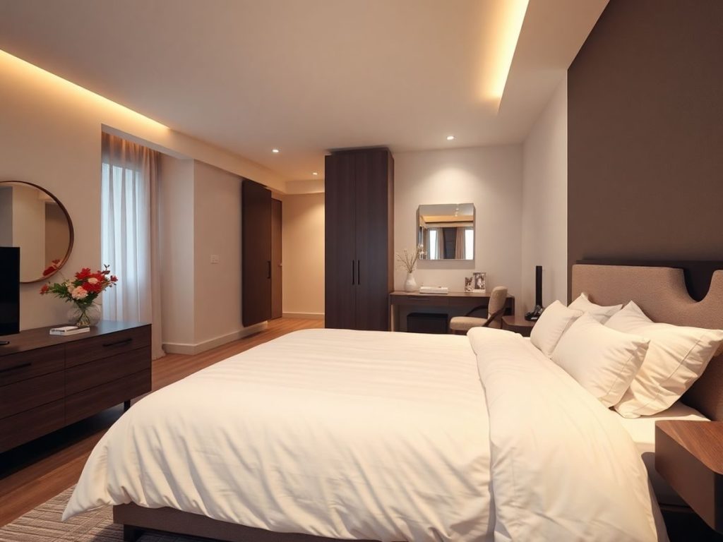 Dormitor modern, pat confortabil, iluminat ambiental