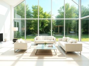 O vilă modernă cu ferestre mari și grădină luxuriantă.