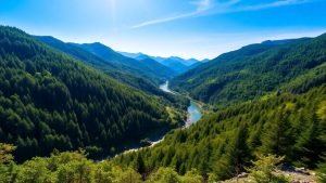 Munții Carpați, păduri verzi, râu, peisaj natural