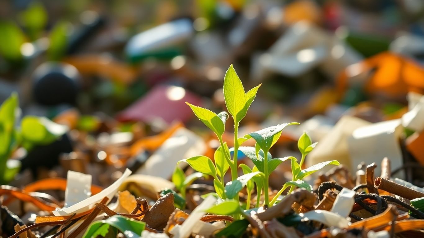 Plantă verde crescând din materiale reciclate, luminată de soare.