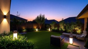 Grădină modernă iluminată de lămpi solare la apus