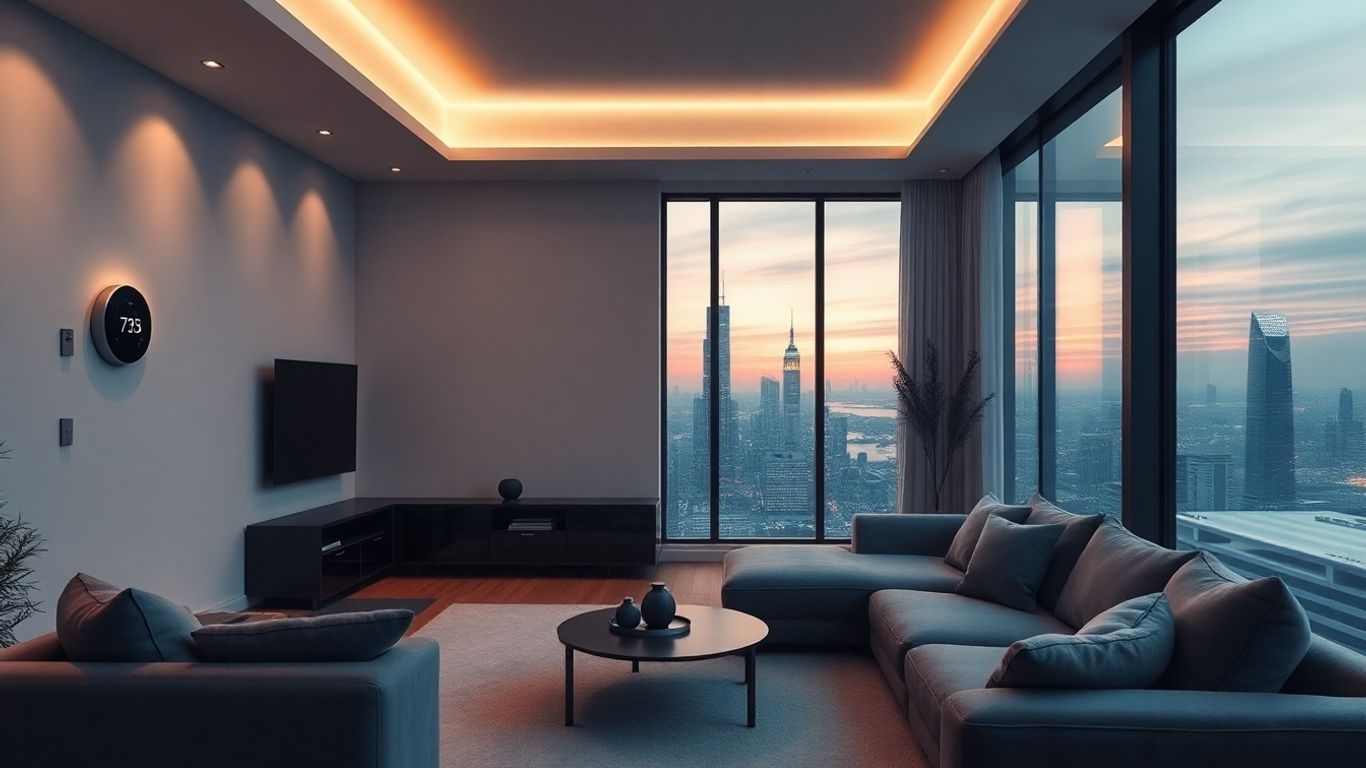 Sisteme smart home moderne în 2025, interfață futuristă.